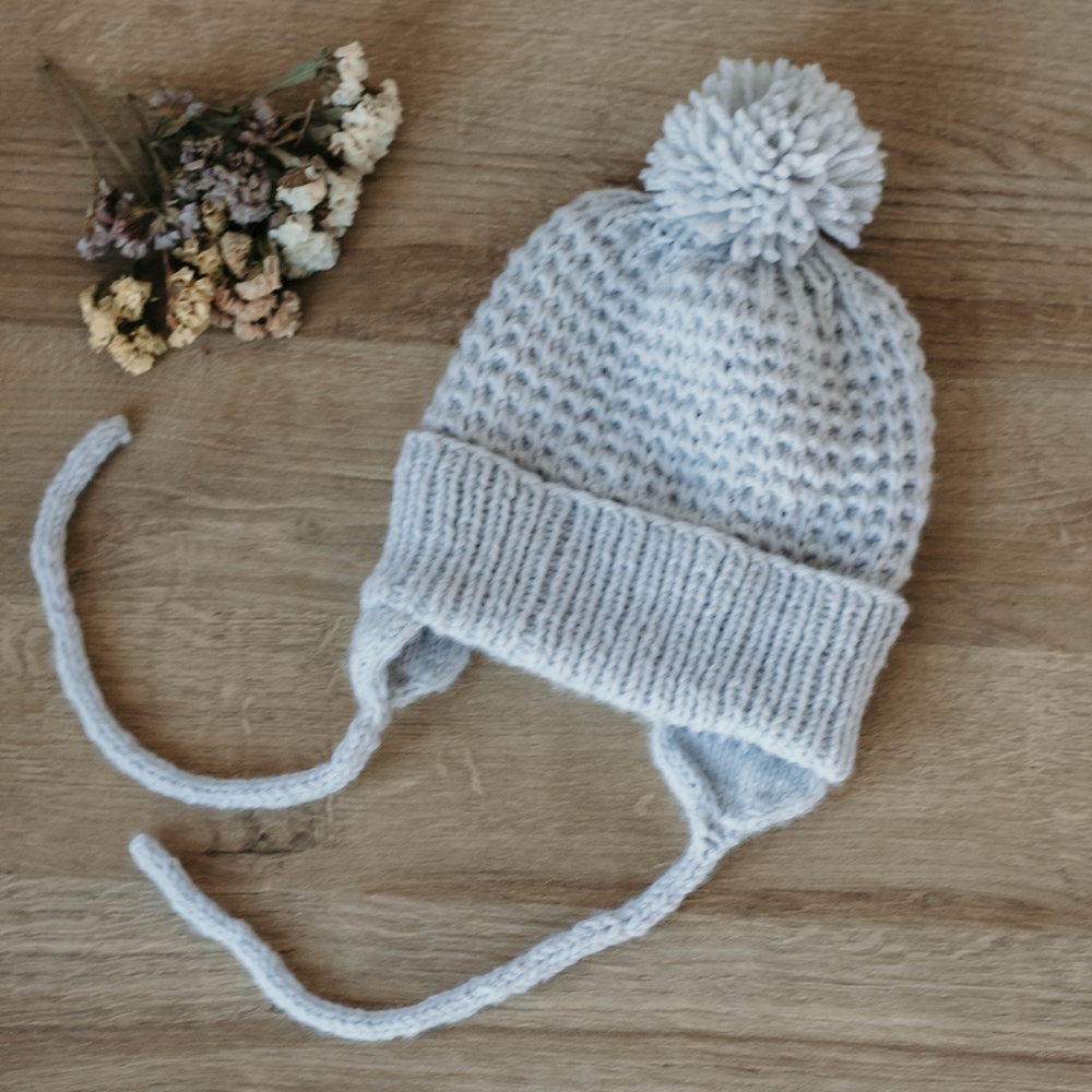 Baby Knitted Cuffed Beanie with Pom Pom and Ties